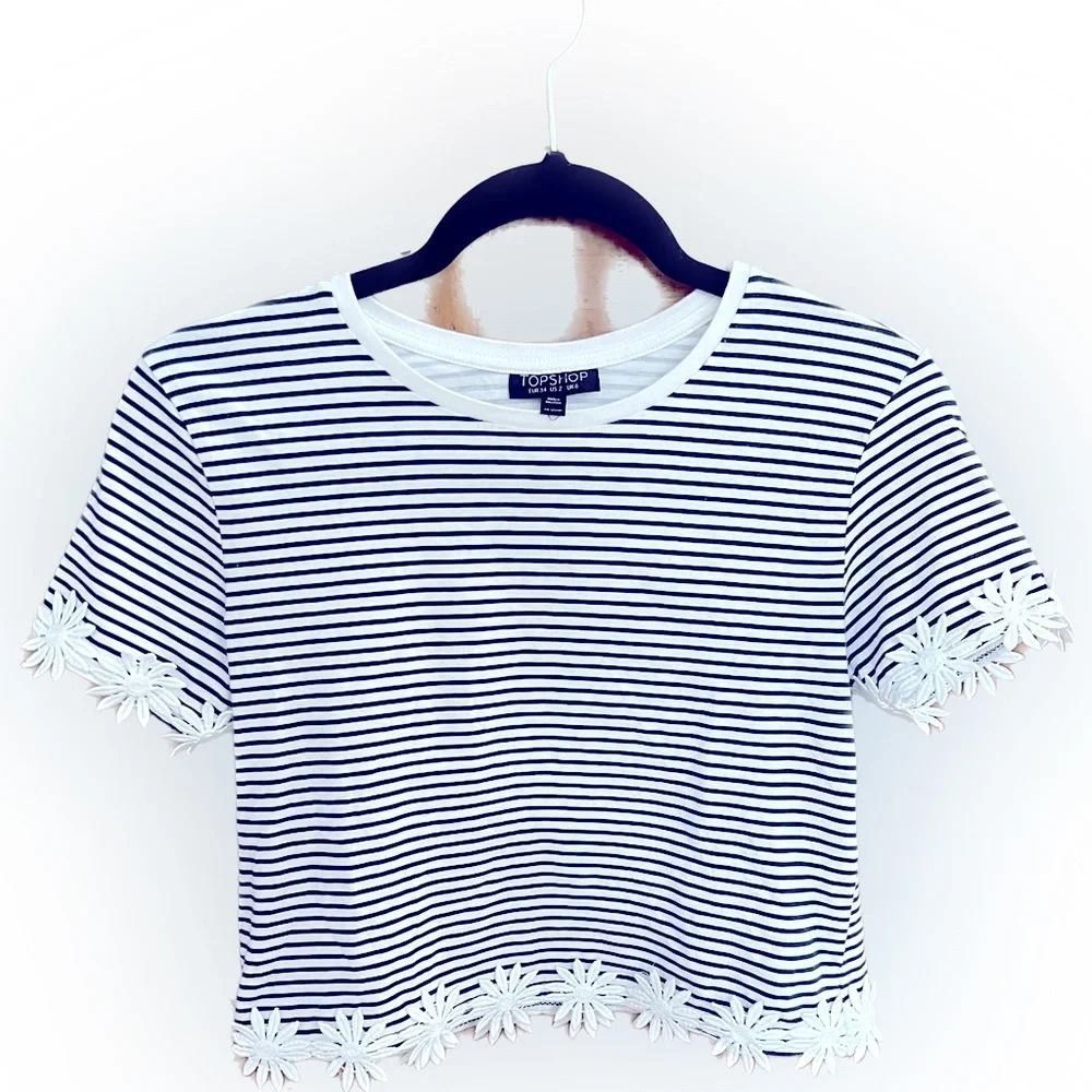 Topshop Cropped Striped Shirt with Floral Attachments | Size 2 or XS - Picture 2 of 11